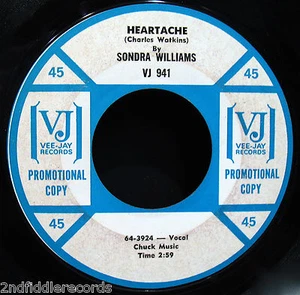 SONDRA WILLIAMS-Heartache-Rare Chicago Black Gospel Promo 45-VEE JAY #941 - Picture 1 of 2