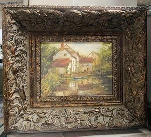 Impresionante pintura vintage con marco de casa junto al lago firmada - Imagen 1 de 7
