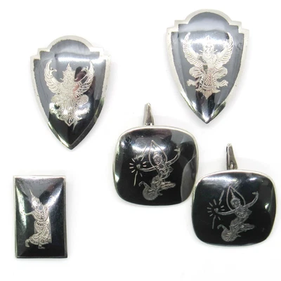 LOTE VINTAGE PRATA ESTERLINA 0,925 CLIPES DE GRAVATA MASCULINOS ESMALTE PRETO SIÃO + ABOTOADURAS - Imagem 1 de 4