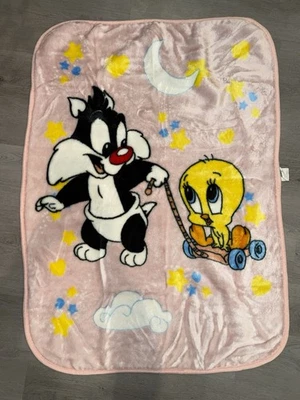 Manta de felpa Baby Looney Tunes Sylvester Piolín pájaro 44x32" rosa vintage 1999 Foto 1 de 4
