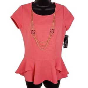 A. Byer Women's Shirt Top M Pink Peplum Short Sleeves Necklace Career Stretch - Picture 1 of 9