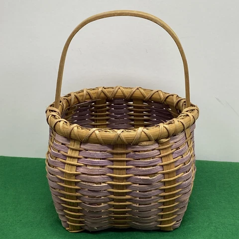 VTG Handcrafted Round Splint~Flat Reed Basket, Mixed Materials Purple & Beige Cover