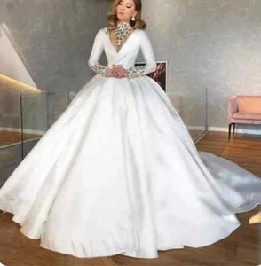 Satin Ball Gown Wedding Dresses With Long Sleeves Crystals V Neck Bride Dress - Picture 1 of 8