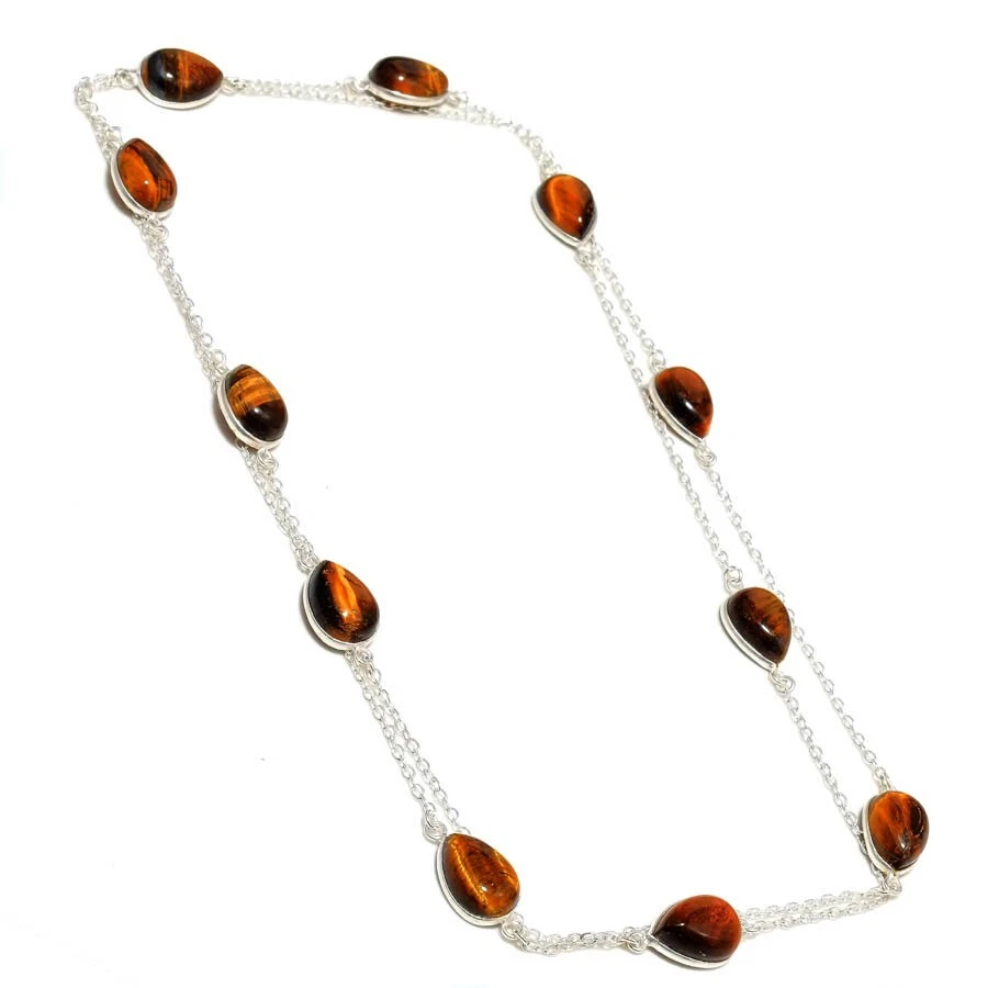 Collares de joyería de plata de ley 925 hechos a mano con piedras preciosas ojo de tigre talla 36" Foto 1 de 1