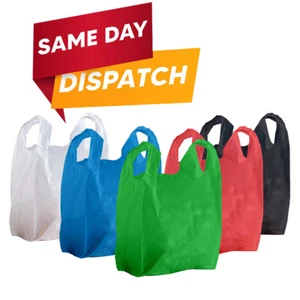 Plastic Vest Carrier Bags Blue White Black Red & Green All Size Reusable - Picture 1 of 26