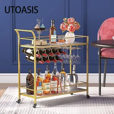 UTOASIS Bar Cart Gold, Home Bar Serving Cart, Wine Cart with 2 Mirrored Shelves - Image 1 of 4