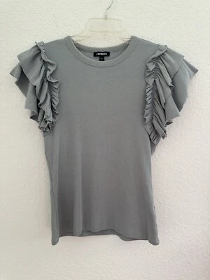 EXPRESS Camisa Elástica de Manga Corta con Volantes M Gris Básicos Neutros Casual Foto 1 de 4