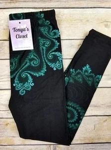 Girls Toddler Leggings Black w Green Abstract Paisley S/M 3T - 6 - Picture 1 of 3