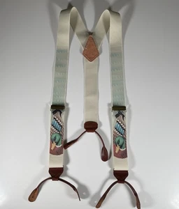 Sweetwater Ben Suspenders Mallard Duck Beige Brown Leather Gold Buckle Braces - Picture 1 of 9