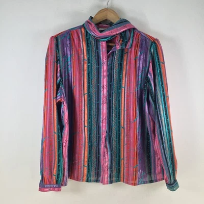Delta VINTAGE Mujer Blusa Camisa Talla 16 Multicolor Rayas Manga Larga 118757 Foto 1 de 4
