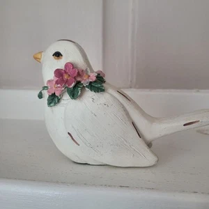Shabby Chic Country Farm Distressed Painted White Floral Wood Bird Figure 4" - Picture 1 of 18