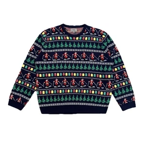 M&S Men XXL Ugly Christmas Sweater Skiing Santa Trees Gifts Navy Holiday Jumper - Picture 1 of 6