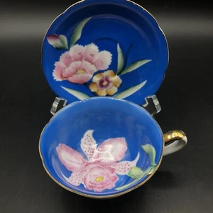 Tazza da tè e piattino Giappone occupato vintage dipinto a mano orchidea rosa - Foto 1 di 9