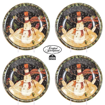 Plato de ensalada de postre certificado Intl FOLK SNOWMAN 8" 4 Susan Winget primitivo Foto 1 de 4