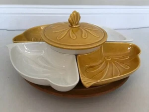 California Pottery Lazy Susan Serving Dish Art Deco Mid Century Gold White L54 - Picture 1 of 12