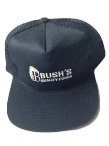 1980s BUSH'S QUALITY FOODS TRUCKER BASEBALL CAP HAT, NAVY BLUE, VINTAGE - Picture 1 of 6