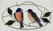 Stained Glass Blue Birds Oval Metal on Branch w Leaves Blue Orange Green