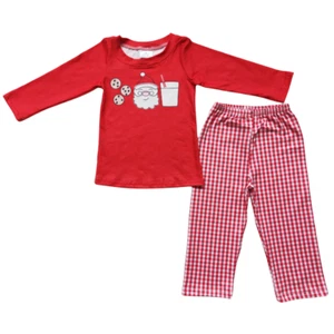 Boys Red Long Sleeve Santa Shirt Plaid Pants Set 2pcs Christmas Outfit - Picture 1 of 1
