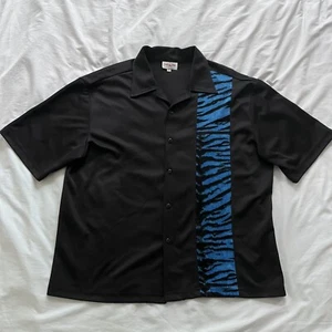 Cocktail Hour Vintage Bowling Shirt Black Blue Velvet Zebra Print Button Up 2XL - Picture 1 of 9