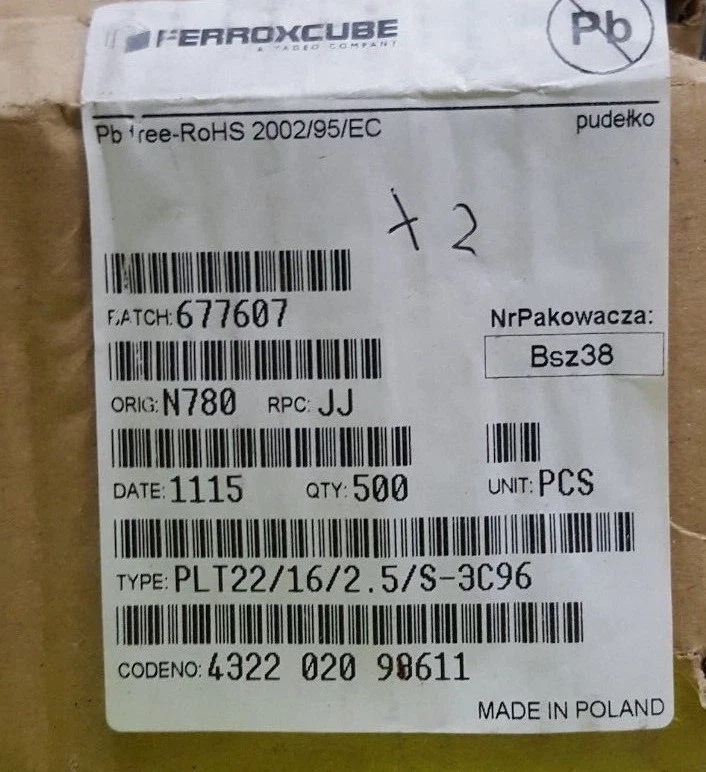 FERROXCUBE 4322 020 90611 PLT22/16/2.5/S-3C96 E-CORE QTY: 500 (U8.7) - Image 1 of 1