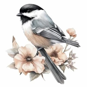 Massachusetts Black-capped Chickadee bird Mayflower flower Vinyl Decal Sticker - Picture 1 of 1