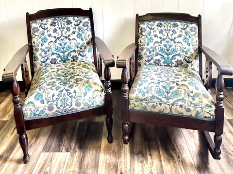 Antique Mahogany Tapestry Chair and Rocker Blue Floral Art Deco  Set of 2 Cover