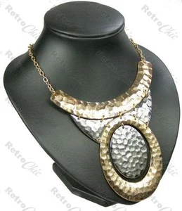 BIG hammered BIB CURVED COLLAR NECKLACE retro GOLD/SILVER TONE choker PENDANT - Picture 1 of 6