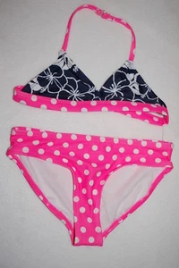 Girls Swimsuit 2 PC BIKINI SET Black White Floral HOT PINK WHITE Poka Dot XS 4-5 - Picture 1 of 2