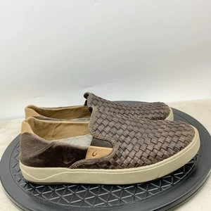 Olukai Lae'ahi Lauhala Shoes Men Size 9.5 Slip On Sneakers Brown Leather Woven - Picture 1 of 10