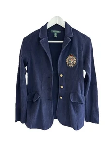LAUREN RALPH LAUREN Knit Crest Blazer Logo Size XS Navy - Picture 1 of 11