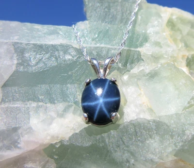 BLUE STAR SAPPHIRE- Genuine Very Sharp 6-ray 925 Sterling Silver Necklace 2.12ct - Image 1 of 4