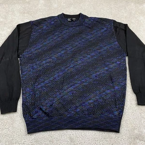 Suéter Tulliano Para Hombres L Negro Azul Zig Zag Geométrico Cuello Redondo Pullover Golf - Imagen 1 de 7
