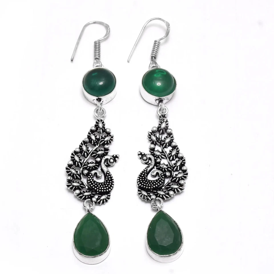 Lab-Created Emerald Green Onyx Handmade Drop Dangle Earing Jewelry 3.2" IE-7381 - Image 1 of 1