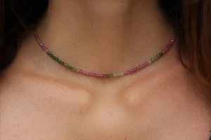 AAA+ Multi Tourmaline Faceted Round 2-3MM Gemstone Beaded Men Women Necklace 18" - Picture 1 of 10