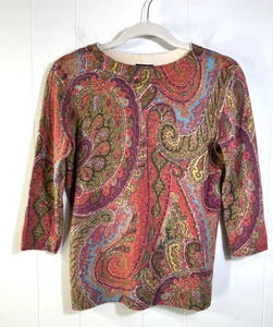 TALBOTS Pure Cashmere Sweater Muted Red Paisley 3/4 Sleeve Size SP Quiet Luxury - Picture 1 of 9