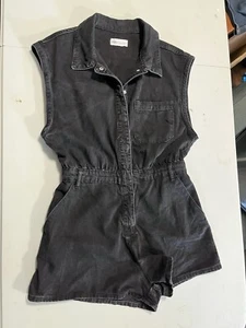 Zara Womens Short Sleeve Collared Denim Romper Black Large Work Chore Mechanic - Picture 1 of 10