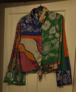 ZARA Multicolored Patchwork Crop Top with Bell Sleeve - UK S NEW WITH TAGS - Picture 1 of 3