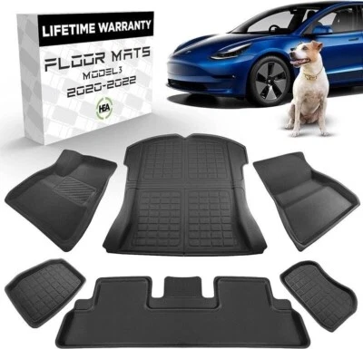 Tesla Model 3 Floor Mats - Fits 2023 2022 2021  Full Set Front, Rear, Trunk, car - Image 1 of 4