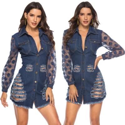 Sexy Women Denim Long Sleeve Bodycon Club Dress Ripped Hole Mini Buttons Party - Image 1 of 4