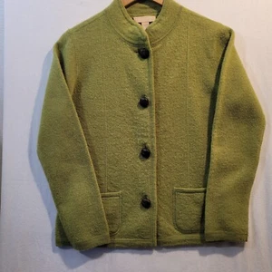 Kate Hill Wool Cardigan Jacket Green Leather Buttons Petite Medium Patch Pockets - Picture 1 of 18