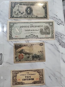Japanese WW2 Philippines Occupation Pesos 1942 WWII Currency Lot Of 4 Bills - Picture 1 of 2