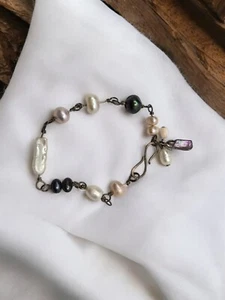 Multi-Color Round and Baroque Pearl Sterling Silver Link Vtg Bracelet 8" - Picture 1 of 5
