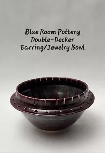 Unique Double-Decker EARRING/JEWELRY BOWL Blue Room Pottery Eggplant /Blue-Gray - Picture 1 of 8