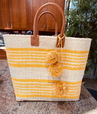 Mar Y Sol Cyprus Sisal Raffia  Tote   Sunflower Yellow Stripe w/  Leather Handle - Image 1 of 4