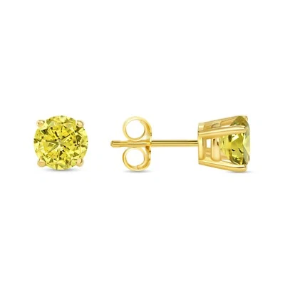 Aretes redondos de oro amarillo de 14K con diamantes creados en canario de 1 quilate push hacia atrás Foto 1 de 3