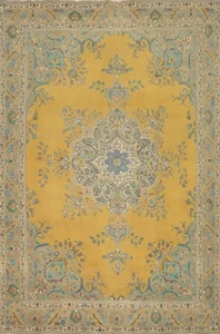 Vintage Wolle Blumen Vorleger 10x12 Gold Handgeknüpft Traditionell Raumgröße Teppich - Bild 1 von 14