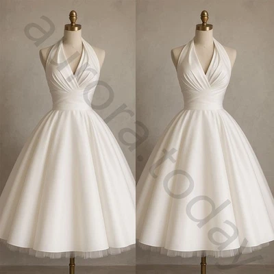 Church Boho Satin Wedding Dresses Halter Neck Tea Length Bridal Gown White Ivory - Image 1 of 4