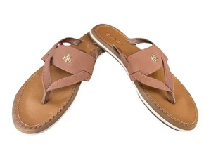 Lauren Ralph Rosalind 8 Sandals Flip Flops Faux Leather Tan RLL Logo Gold READ - Picture 1 of 14