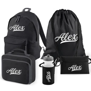 Personalised School Backpack 5 Set Piece In Black with Custom Text for Childrens - Picture 1 of 9