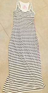 Seaton tank dress~Sz M~Brown&shite stripe~Maxi~Knit~Shelf bra~Pink detail~Great - Picture 1 of 3